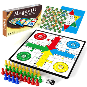 DY-GO 3-in-1 magnetic board games set with folding board for travel-friendly family fun.