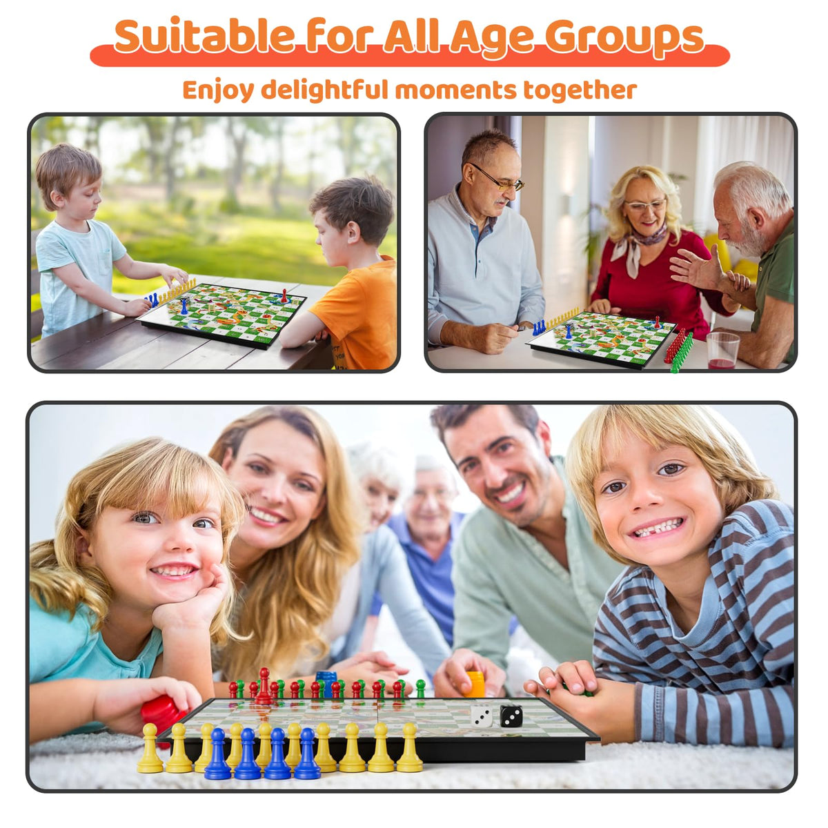 DY-GO double-sided sheets enable quick game switching for Snakes and Ladders or Chinese Checkers.