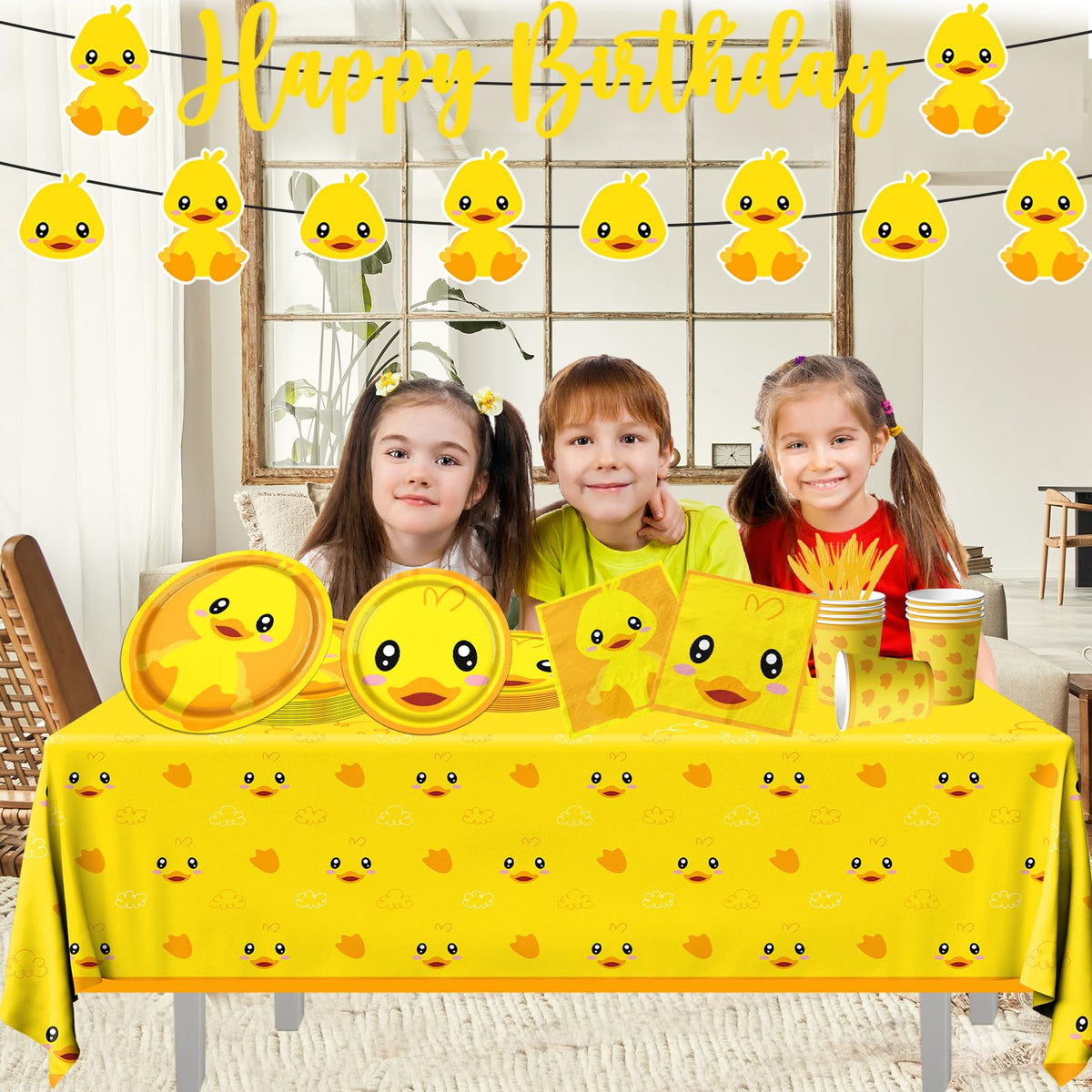 Dydamud baby shower plates display cheerful ducks for a sunny table.