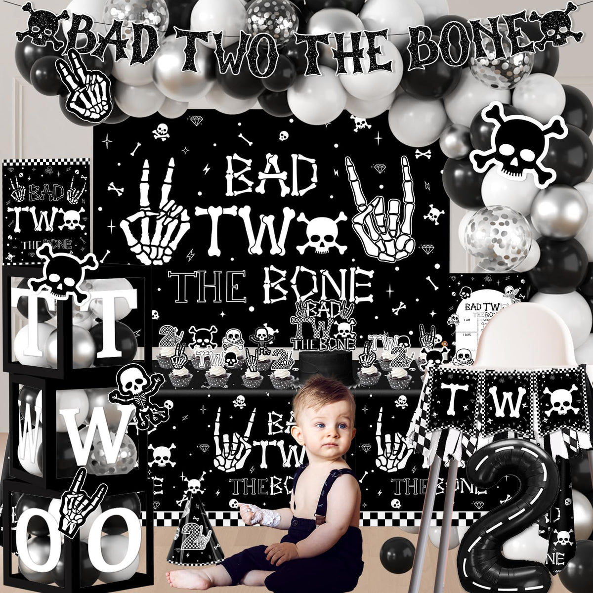 Dydamud Bad Two The Bone banner and tablecloth unify party styling.
