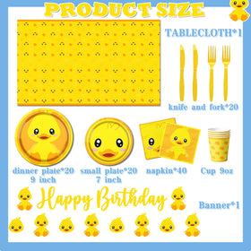 Dydamud duck tablecloth and banner create a playful, cohesive setup.