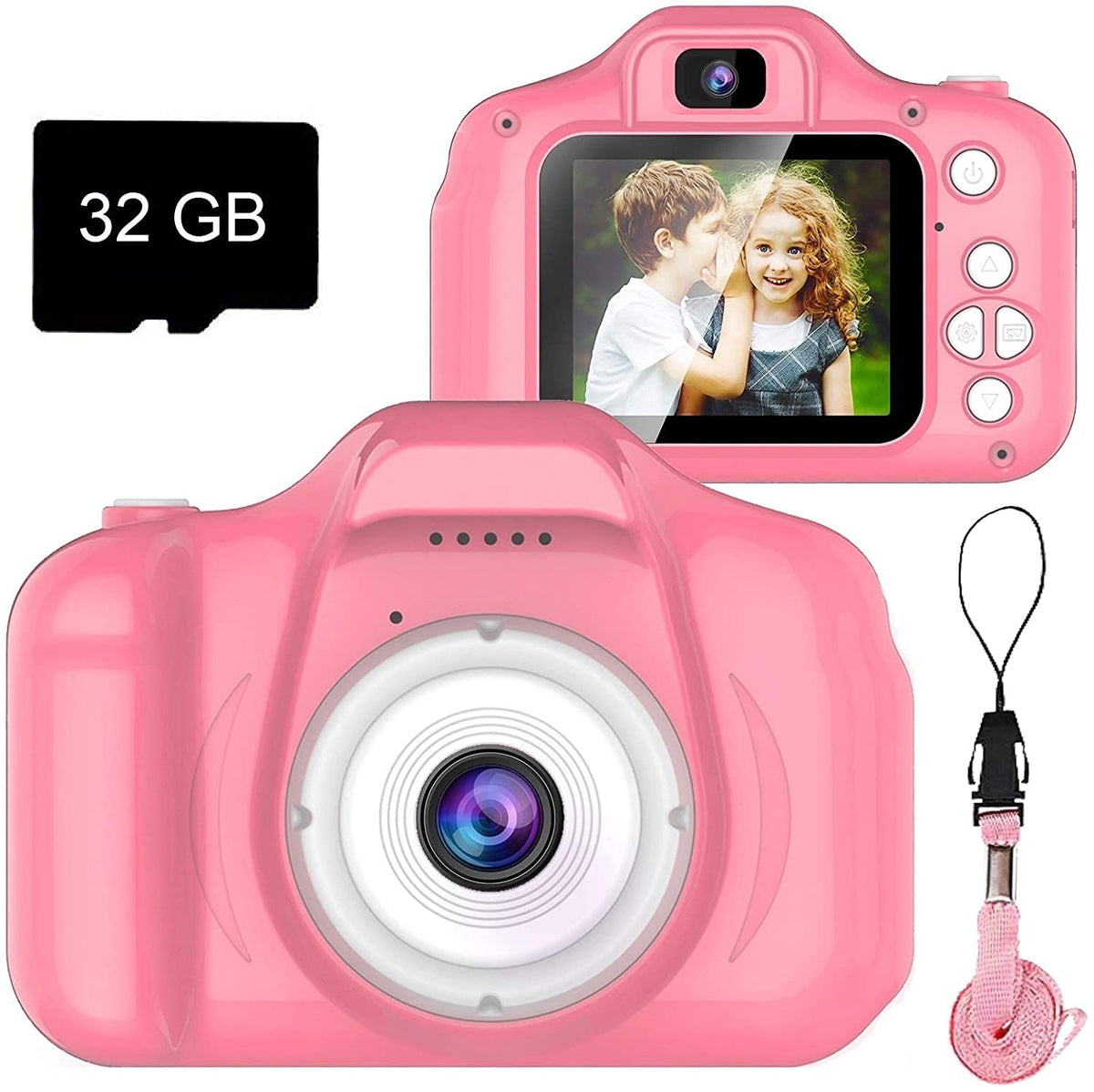 Dylanto Upgrade Kids Selfie Camera pink front view, easy to grip for little hands