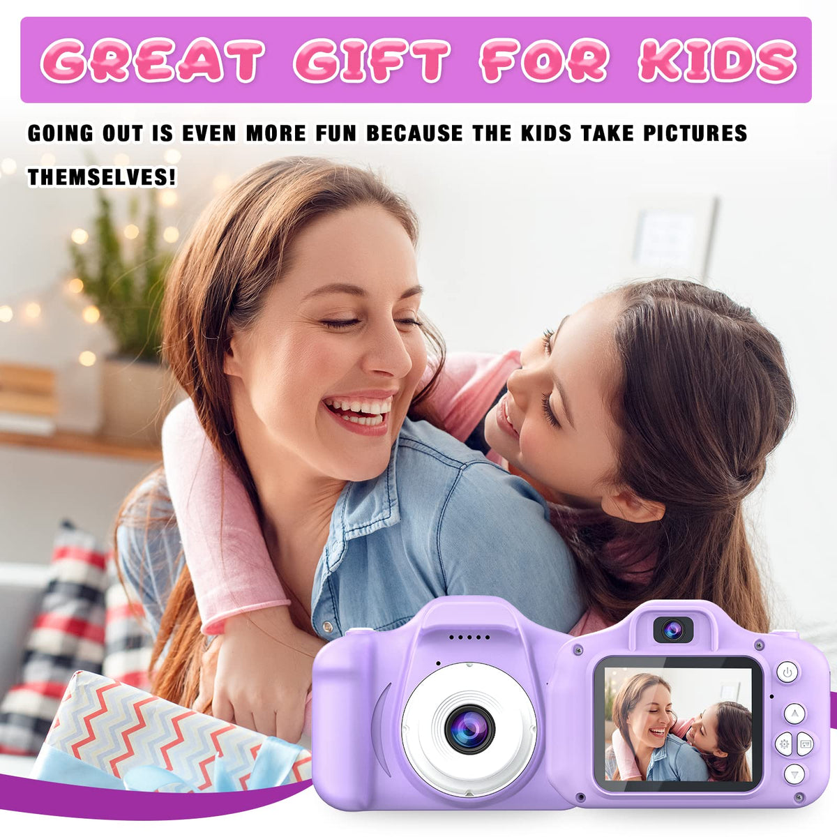 Dylanto Upgrade Kids Selfie Camera purple packaging emphasizes gift-ready design