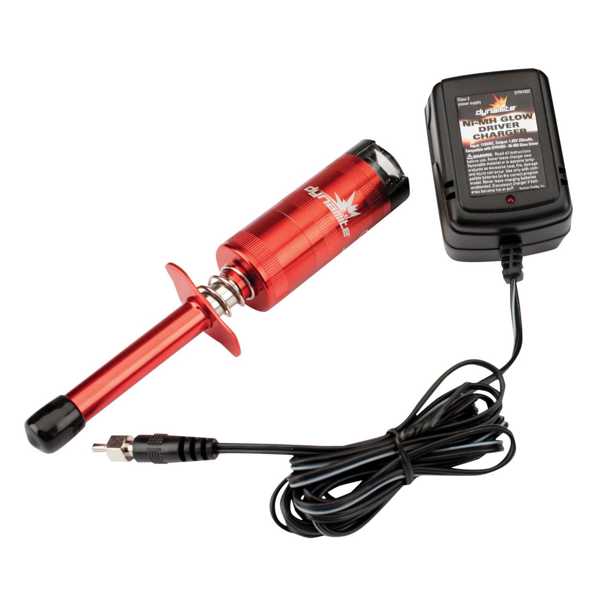 Dynamite Metered Glow Driver with charger for convenient hands-free glow plug charging.