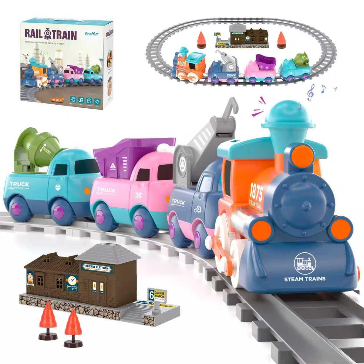 Dynffur locomotive with lights and sounds for immersive sensory play.