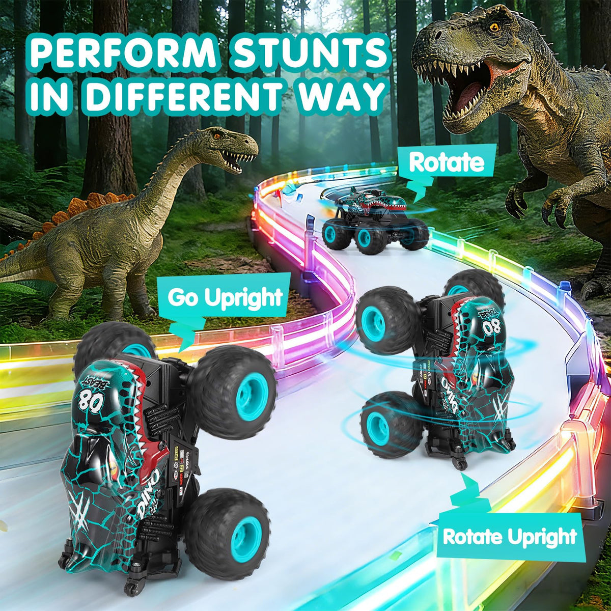 DYODYORC RC dinosaur truck performing 360-degree stunts