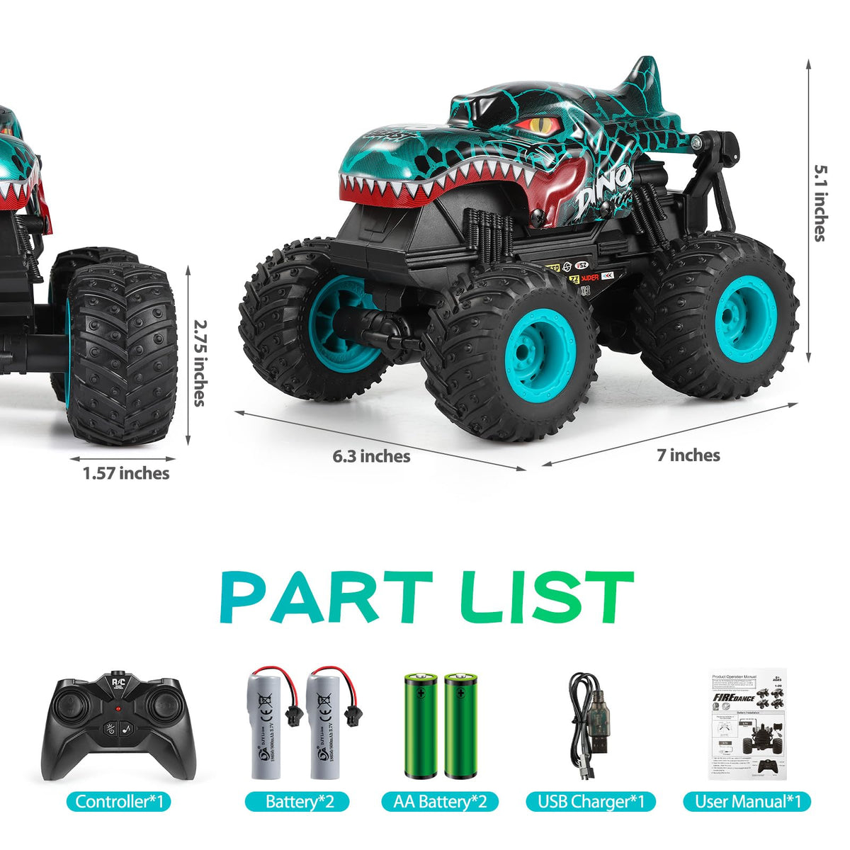 DYODYORC RC dinosaur truck side view with strong grip on grass and sand