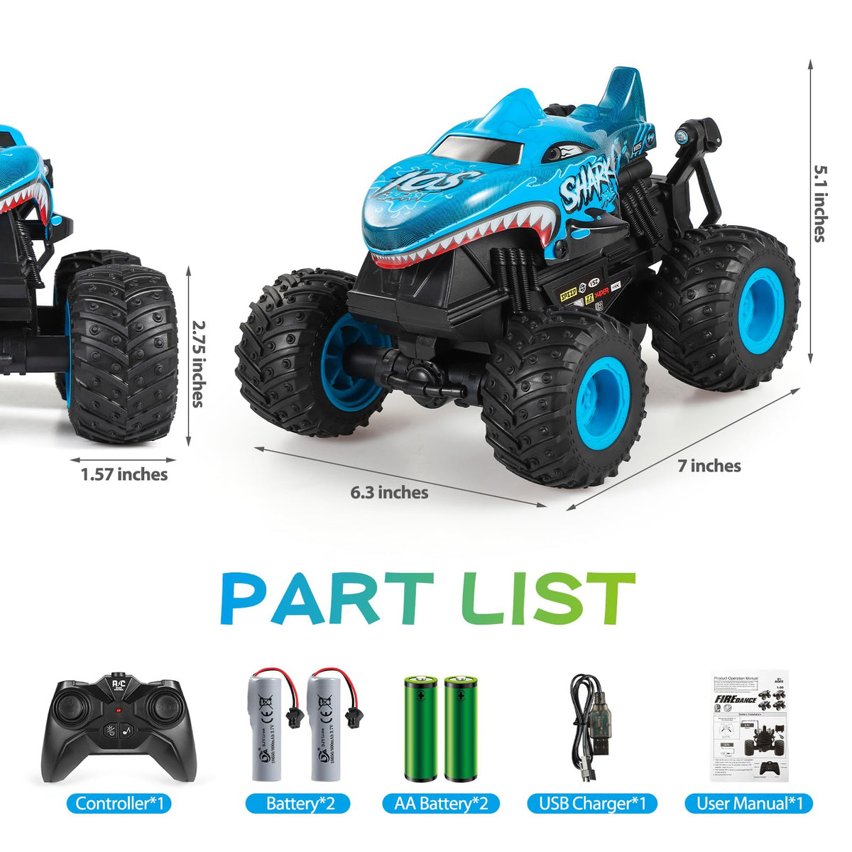 DYODYORC shark monster truck blue tires for tough off-road traction.