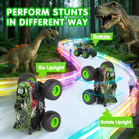 DYODYORC green rc car performing 360° stunts on pavement and grass