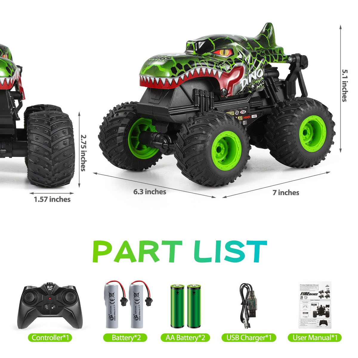 DYODYORC remote control car green side view emphasizes off-road tires and grip