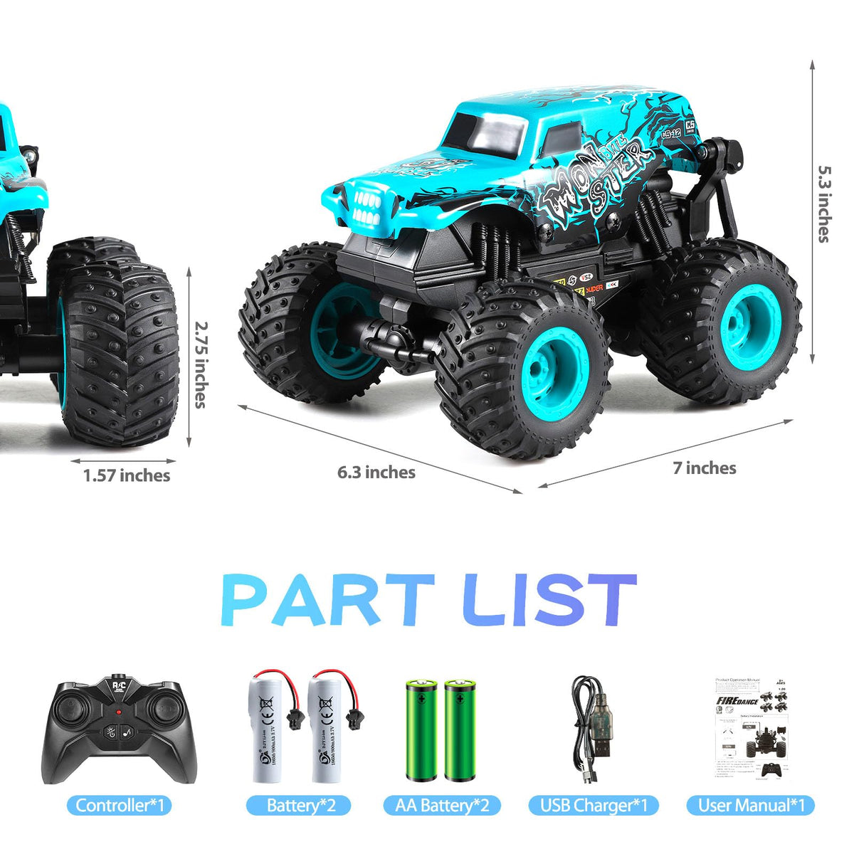 DYODYORC shark monster truck blue with all-terrain grip.