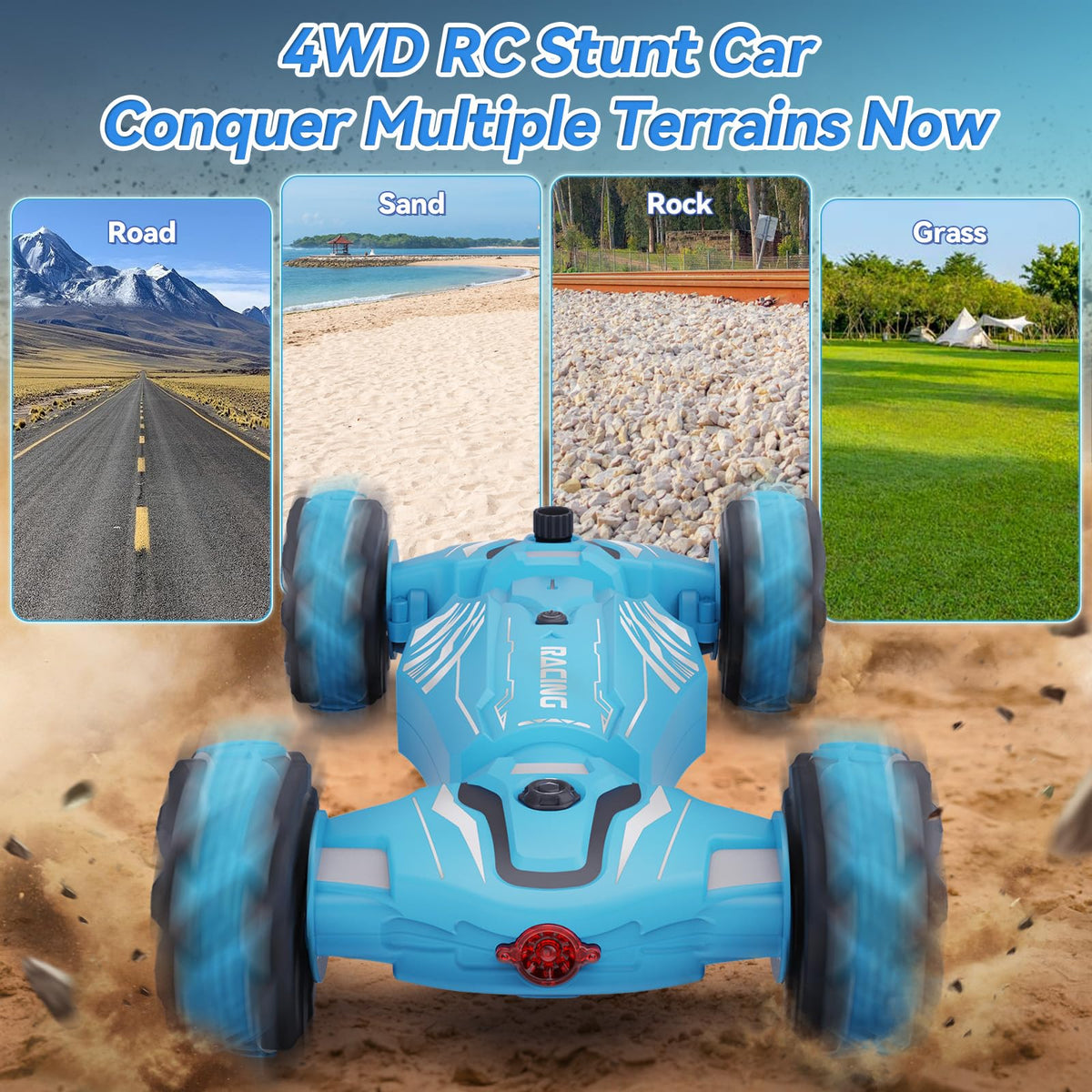 Dysaim gesture sensing RC car drift stunt with bright lights for action play.