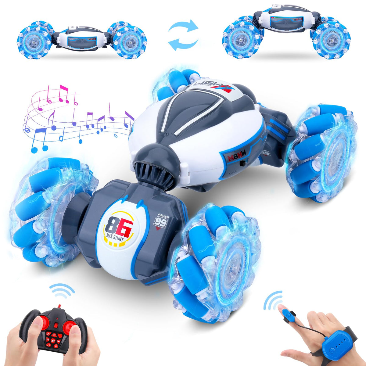 Dysaim Gesture Sensing RC Stunt Car front view with bright lights for action play