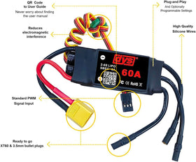 DYSRC DYS-60A ESC cables and XT60 connector visible for reliable power connections.