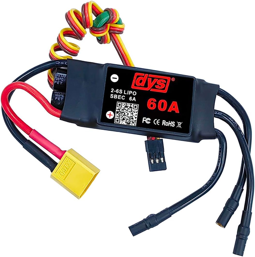 DYSRC DYS-60A ESC front view showing pre-soldered XT60 and plugs for easy setup.