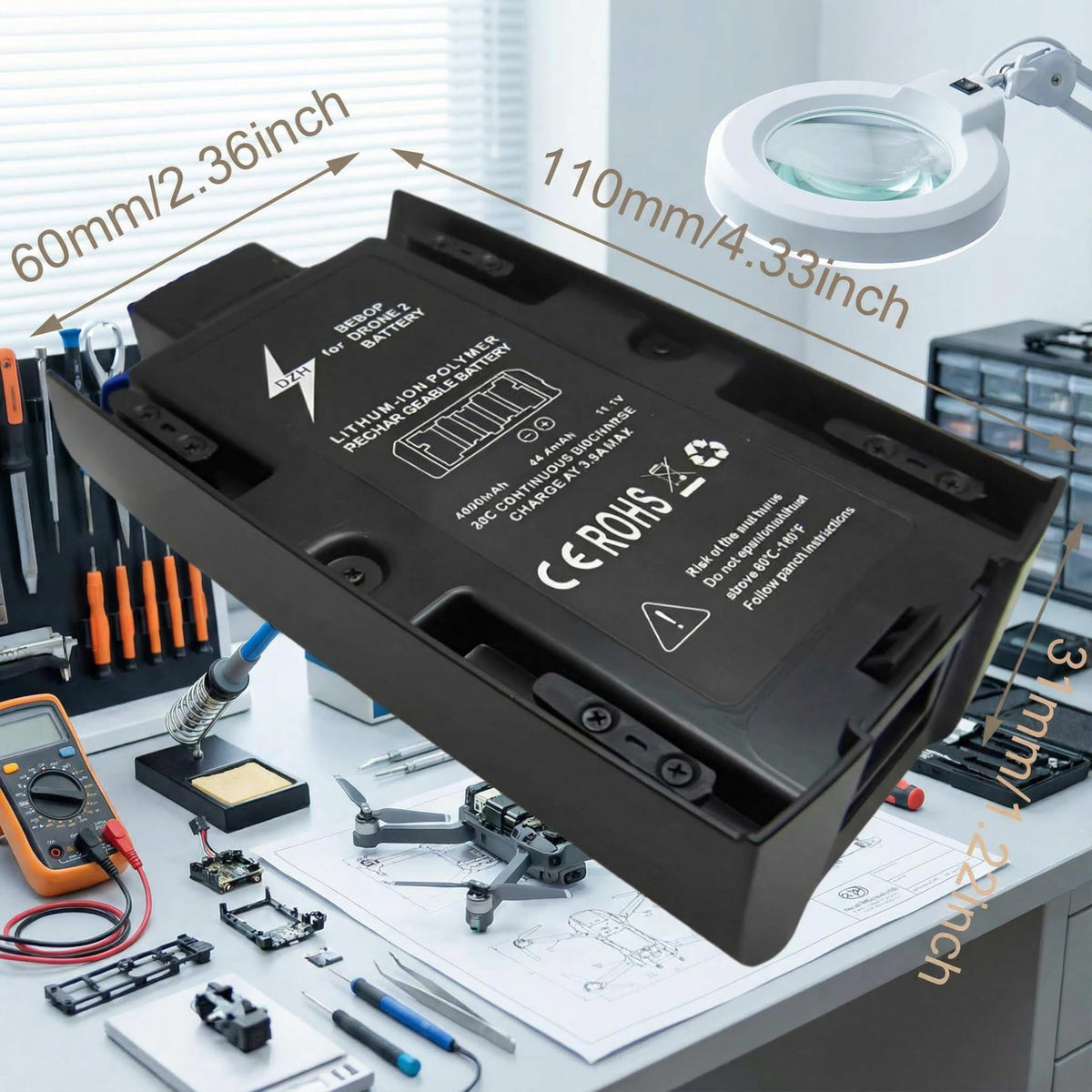 DZH Bebop 2 4250mAh label highlights high capacity