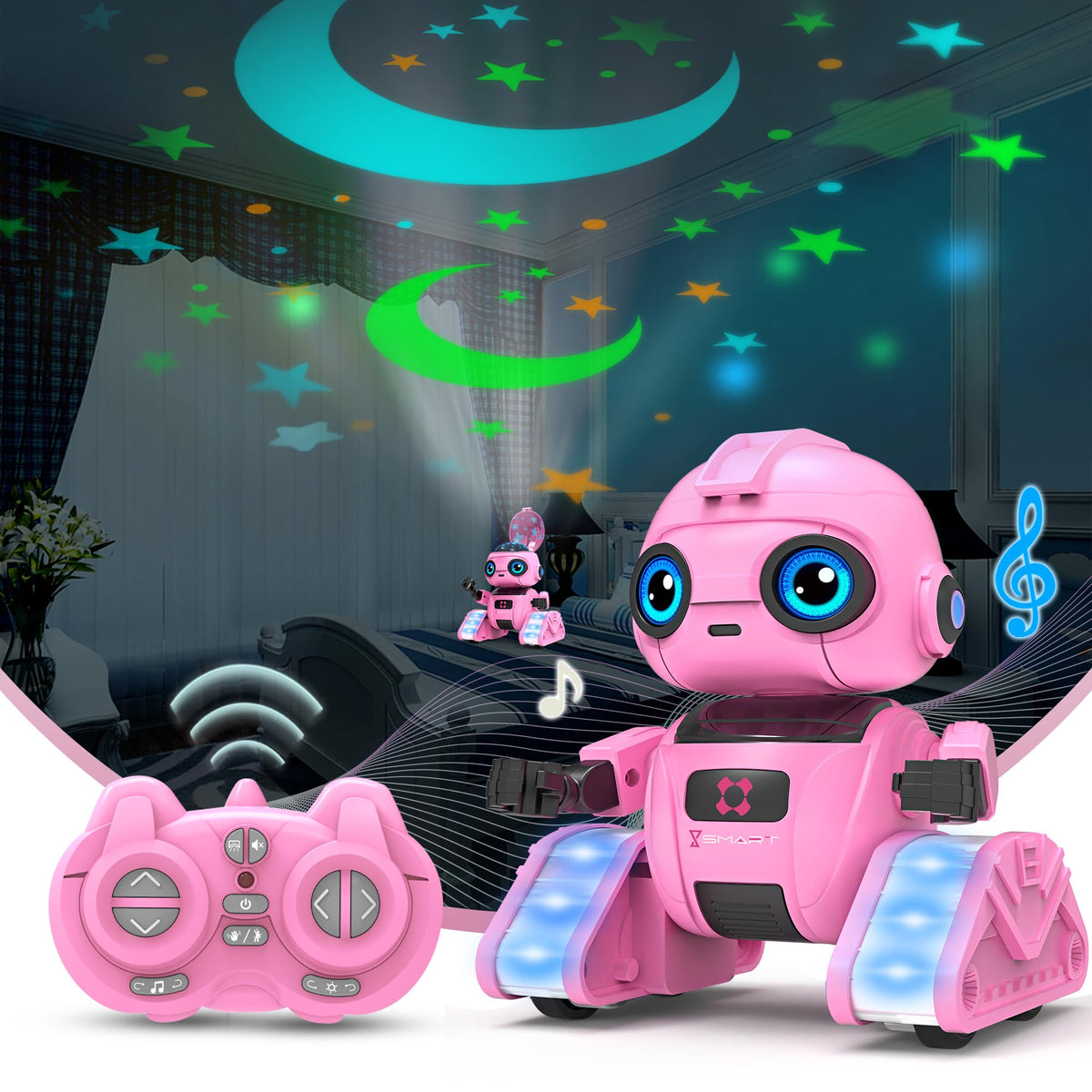 Dzxlin robot light projection adds colorful visuals during stories.