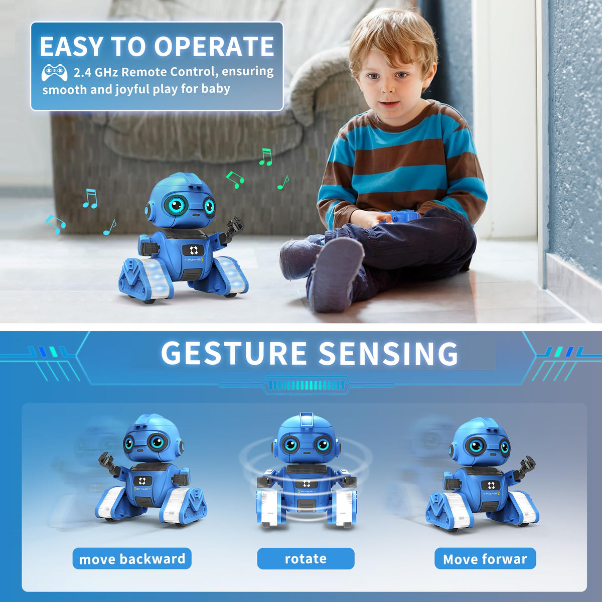 Dzxlin robot toy blue dance mode highlights moves and music for lively play.