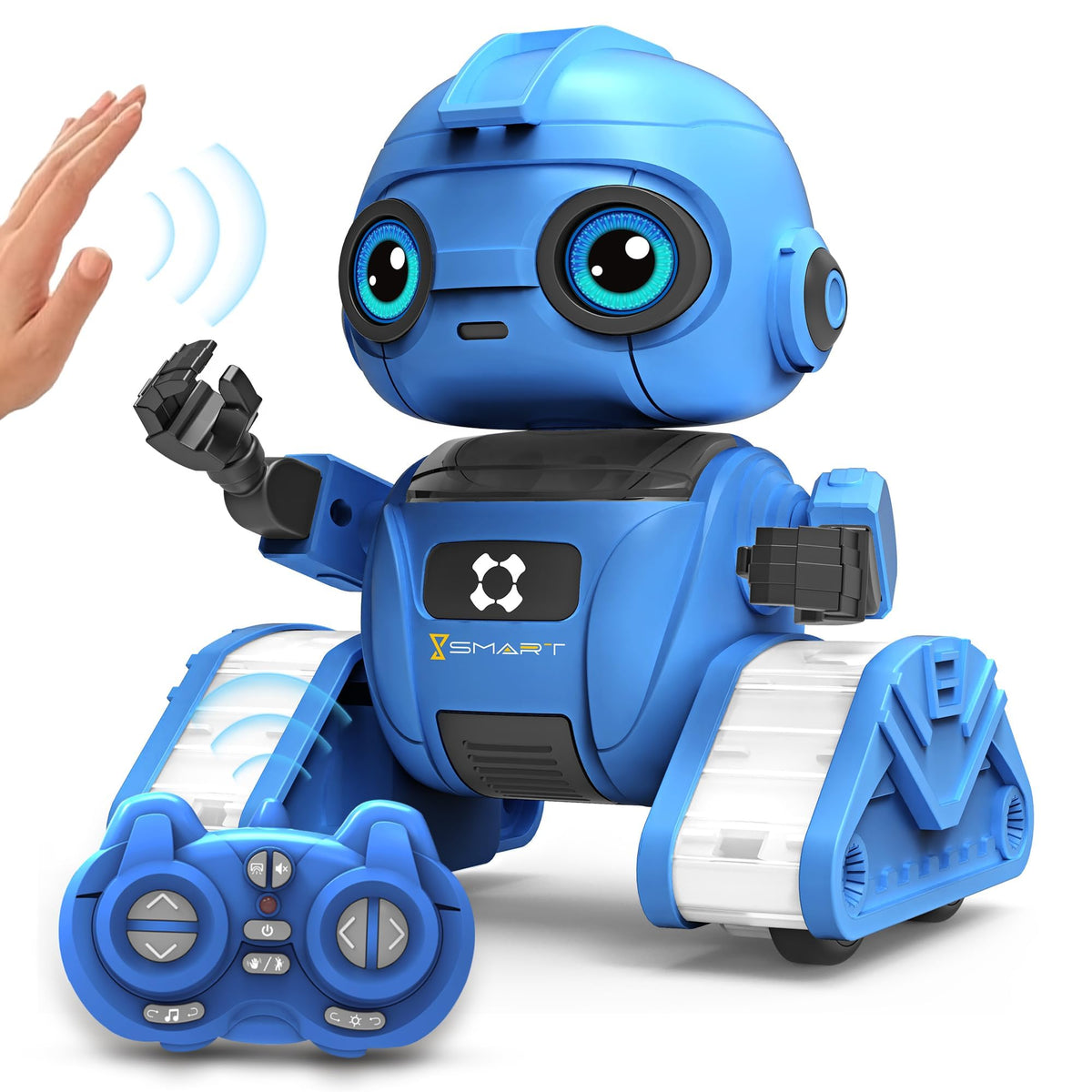 Dzxlin robot toy blue front view shows friendly LEDs for engaging playtime.