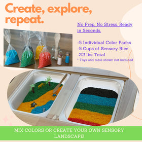 E & A Play five-cups sensory rice setup promotes color exploration in bins