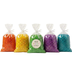 E & A Play rainbow sensory rice pack with five colors for imaginative play