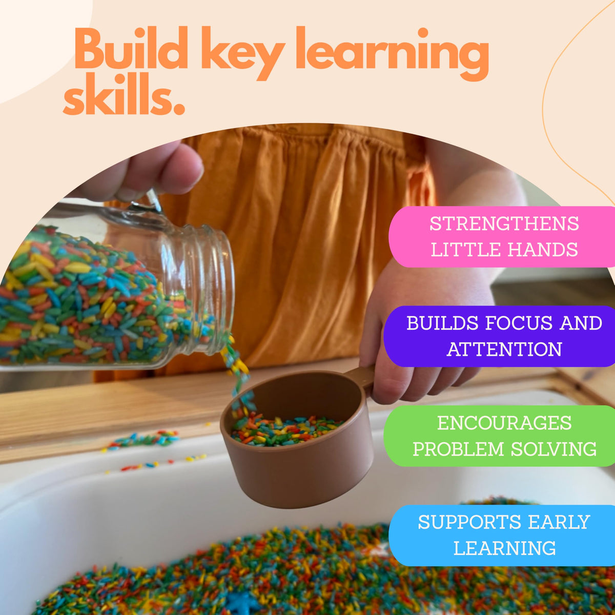 E & A Play sensory bin setup with scooping and pouring for fine motor practice