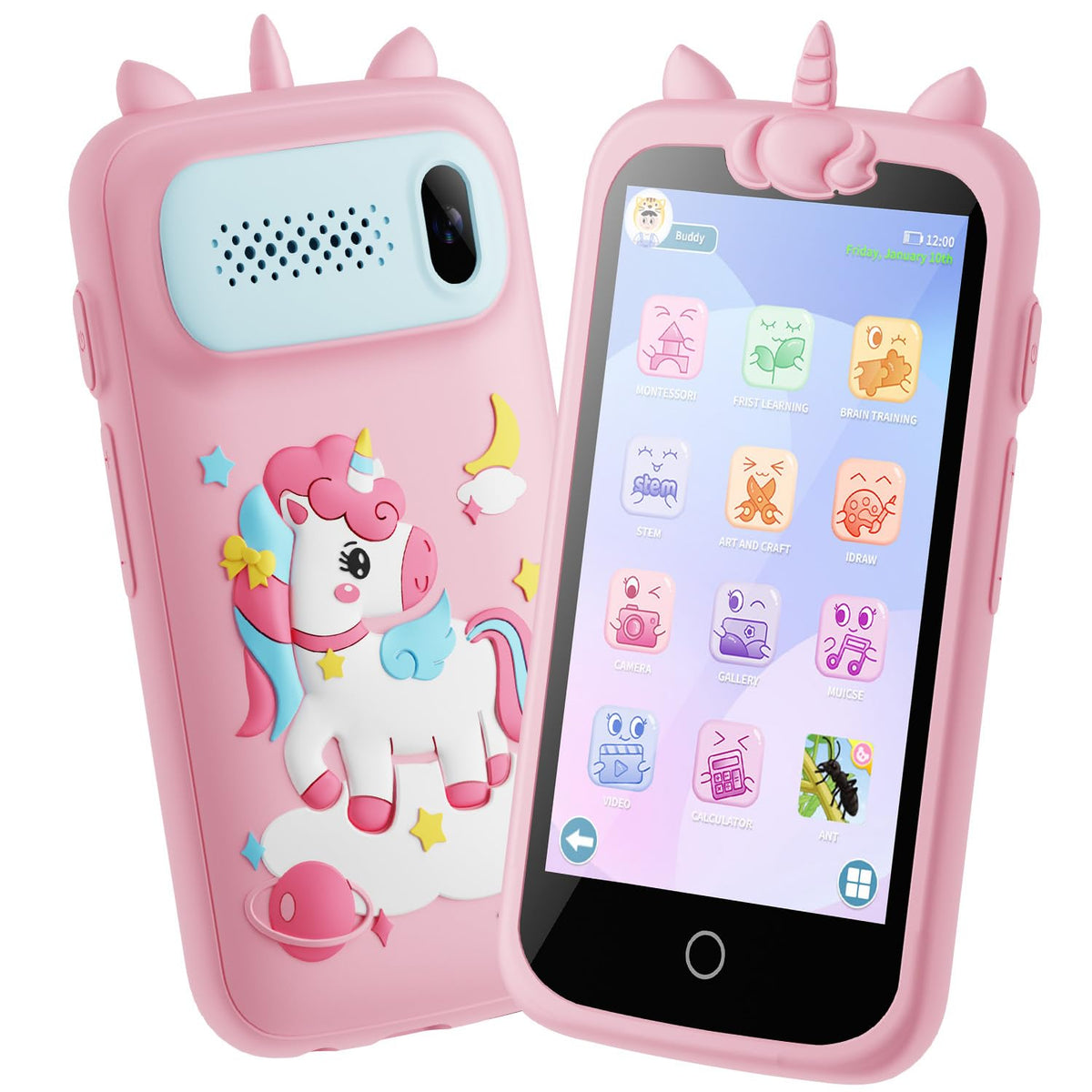 E teacher Kids Phone front pink view for learning on the go.