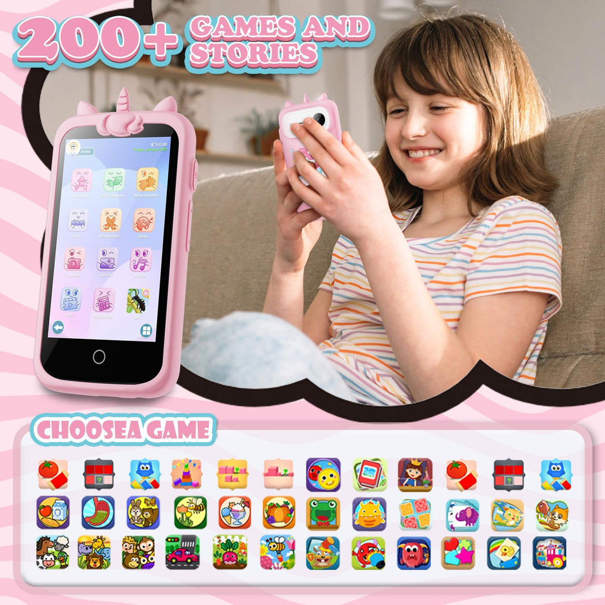 E teacher Kids Phone touchscreen display with kid-friendly interface.