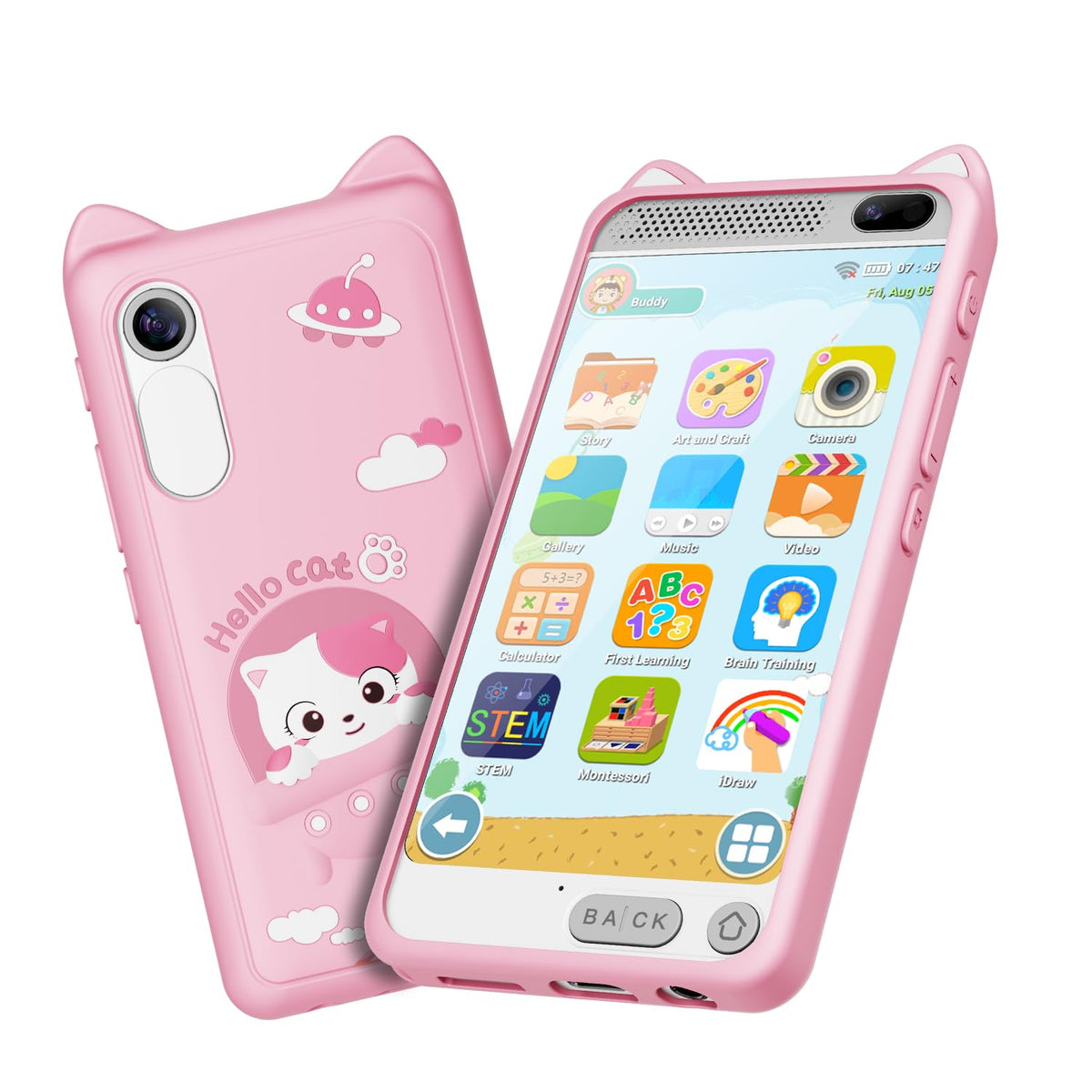 E teacher Kids Smart Phone pink front view highlights touchscreen learning features for kids