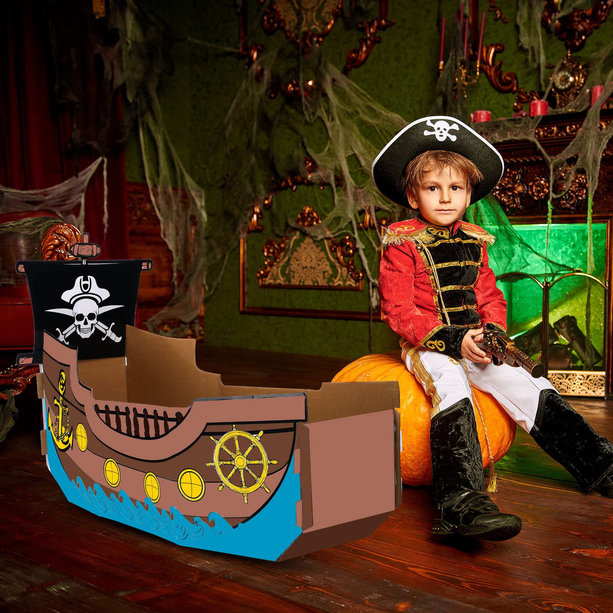 Eaasty pirate ship playhouse in Halloween theme for party decor.
