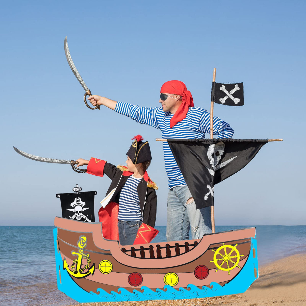 Eaasty pirate ship playhouse packaging indicates easy setup.