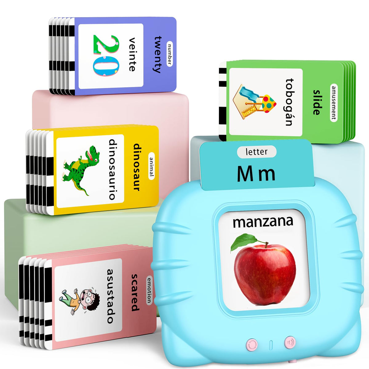 Eaever bilingual flash card reader in blue helping kids learn ABCs