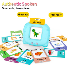 Eaever flash card reader blue held by child for interactive learning.