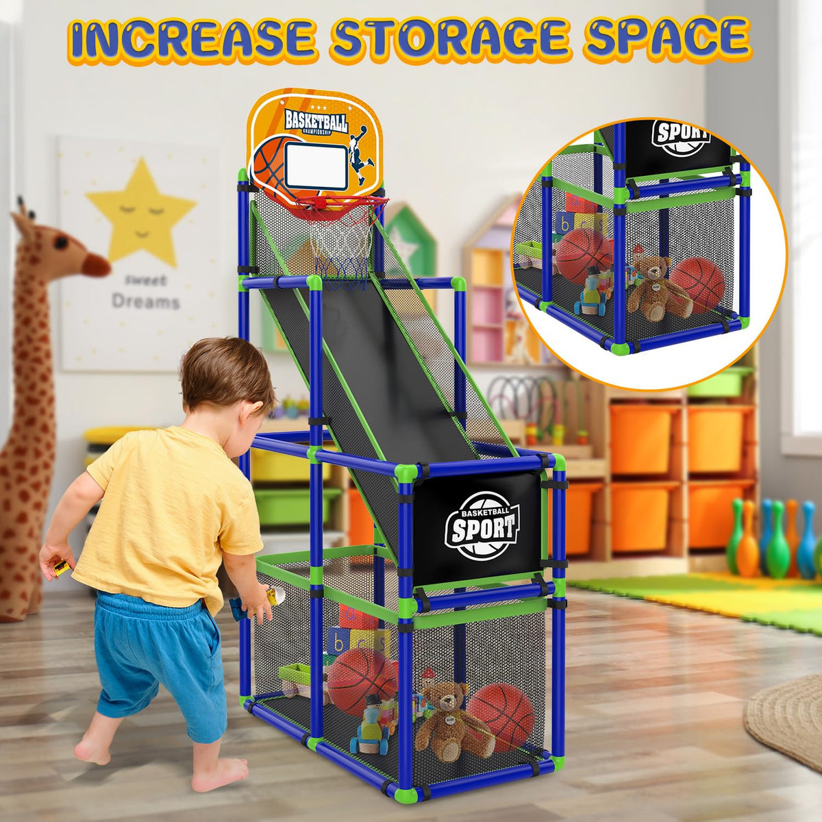 EagleStone Arcade indoor hoop with automatic ball return feature.