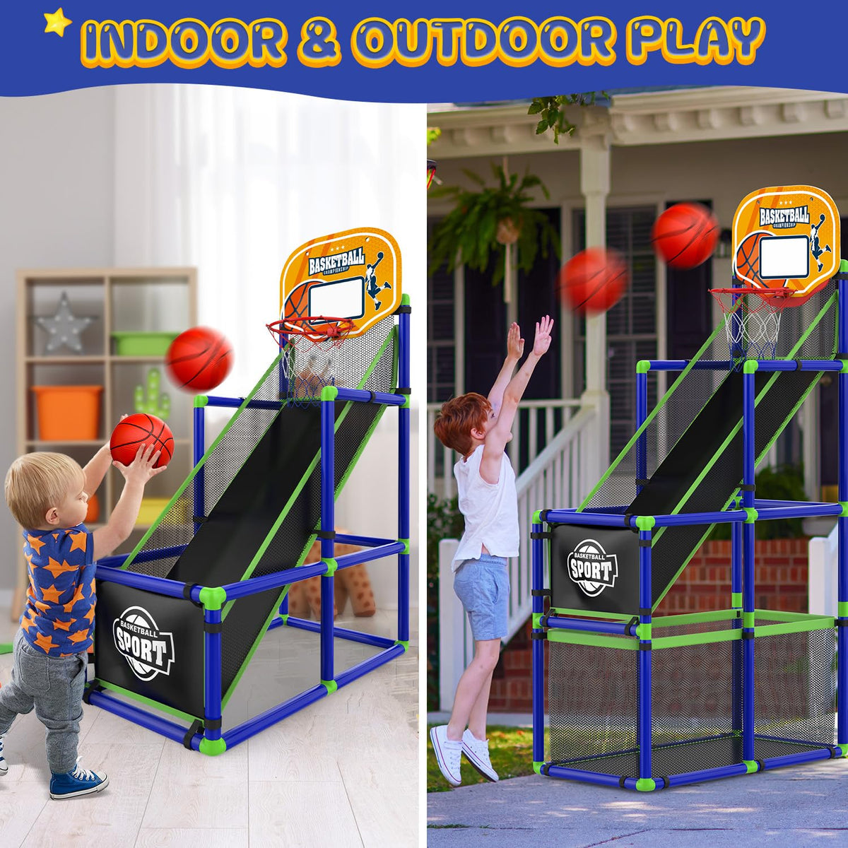EagleStone Arcade indoor hoop with base storage for tidy play.