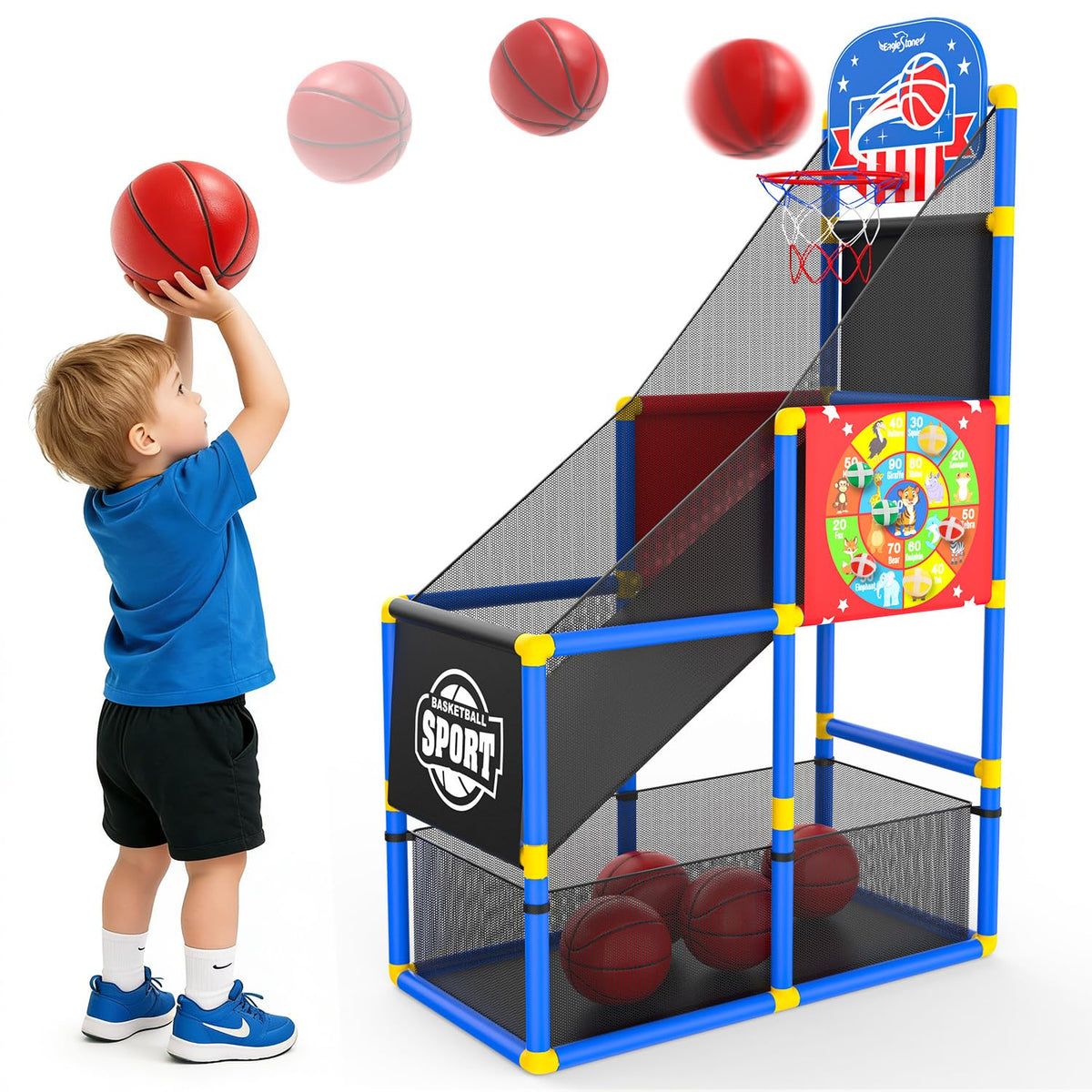EagleStone 2-in-1 arcade hoop and sticky-dart board setup for versatile play