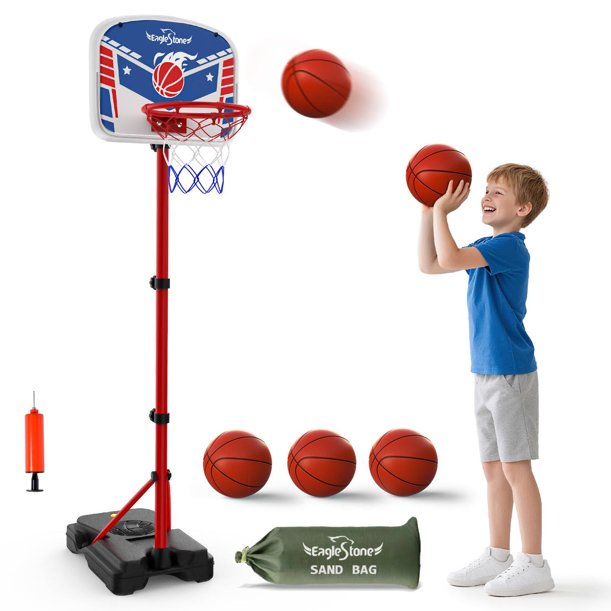 EagleStone kids hoop base with sandbag for stability during play.