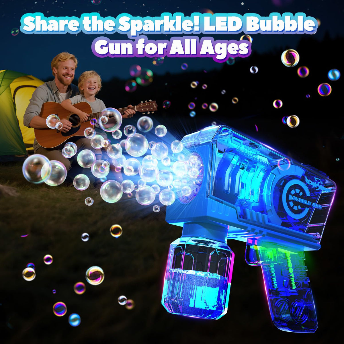 EagleStone bubble blaster shows leak-proof design for mess-free, 360-degree shooting