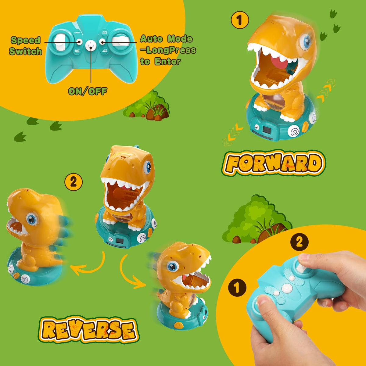 EagleStone RC dinosaur remote controller demonstrating easy operation for young players.