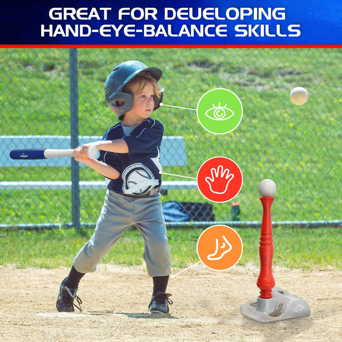 EagleStone lightweight tee-ball bat fits small hands for easy batting.