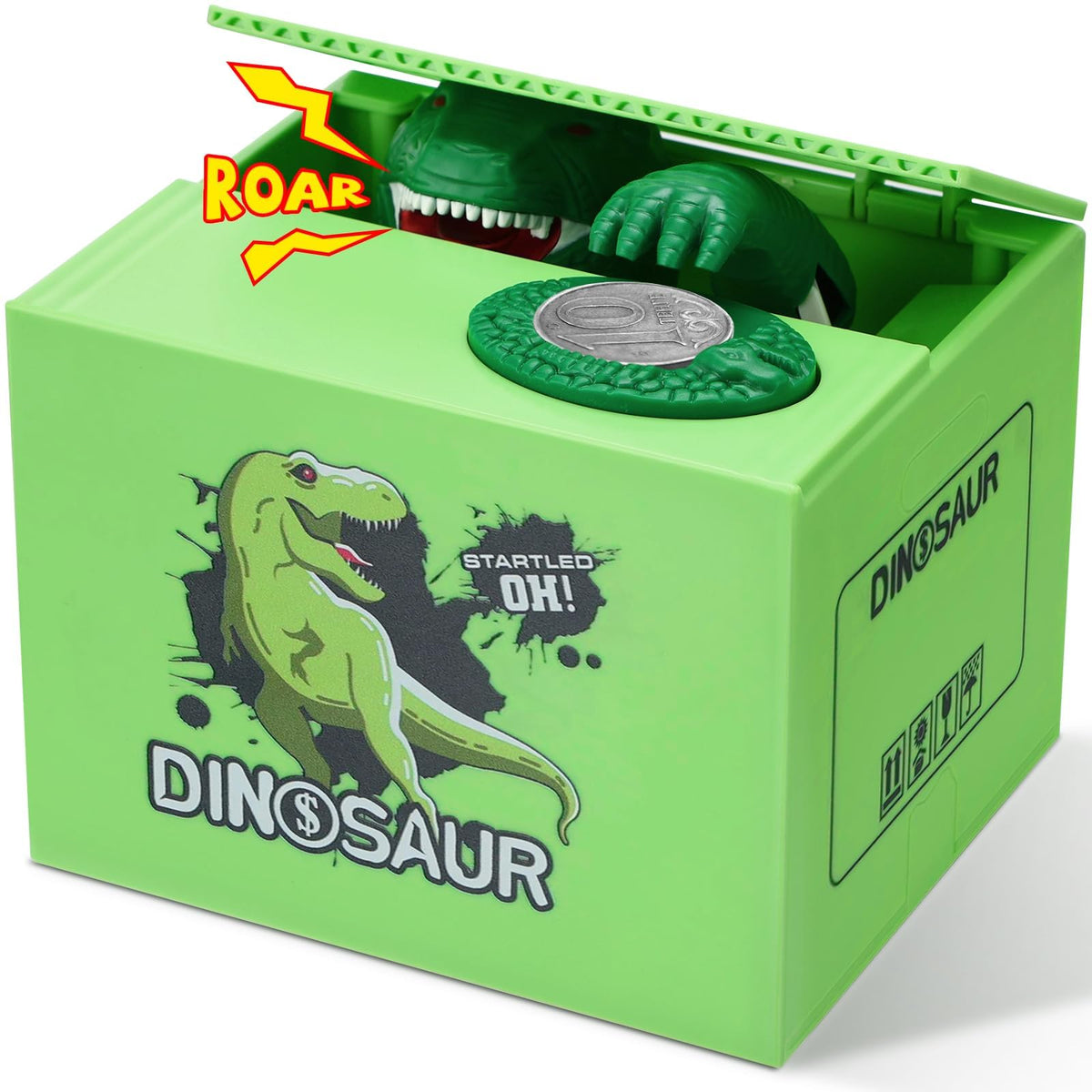 Eaistose dinosaurs piggy bank front view shows coin-steal action.