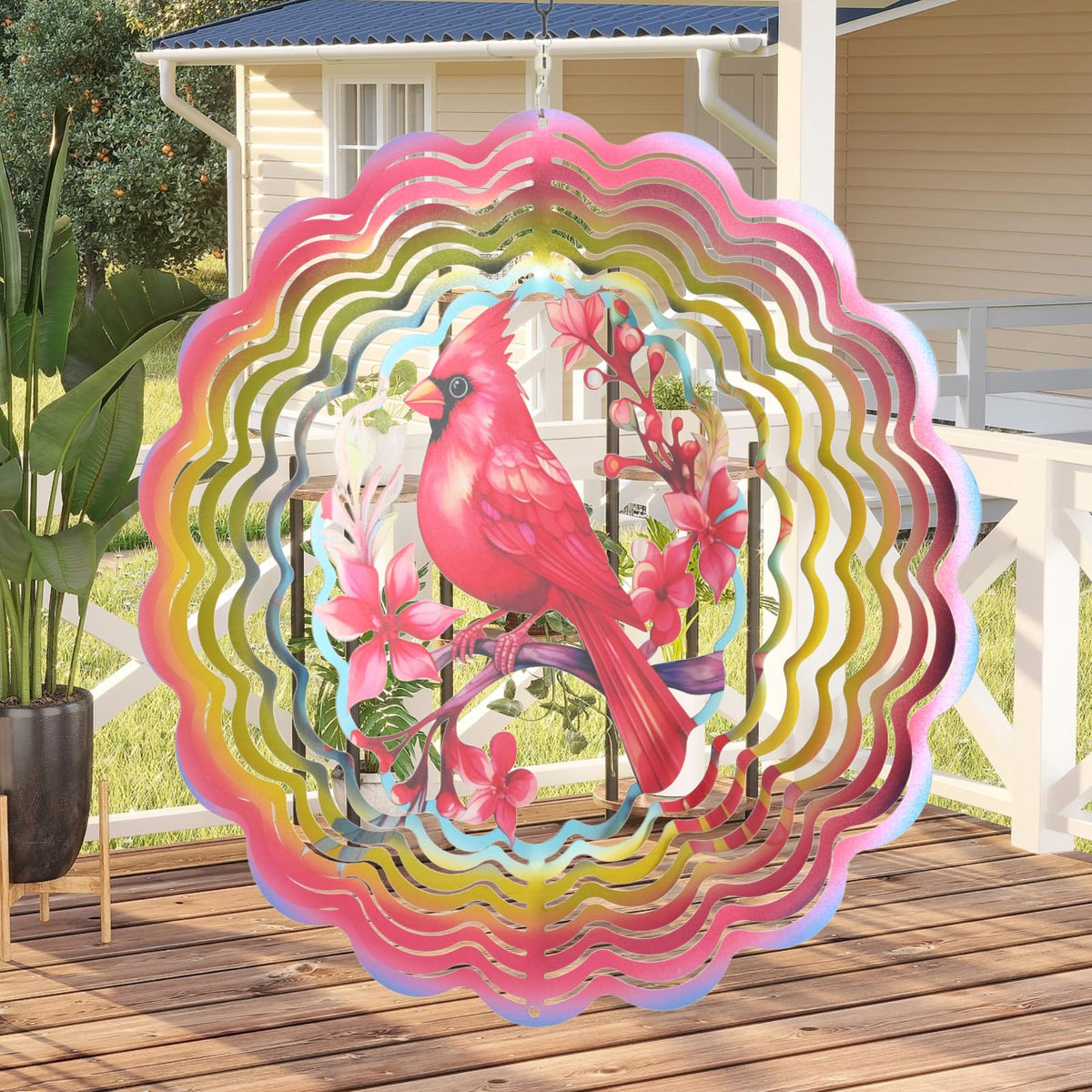 Eandisom Cardinala wind spinner glittering reflective finish enhances outdoor charm.