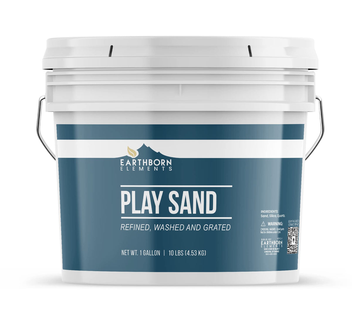 Earthborn Elements Play Sand bucket closeup showing resealable packaging and clean texture.