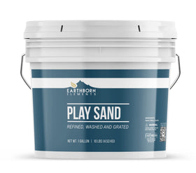 Earthborn Elements Play Sand bucket closeup showing resealable packaging and clean texture.