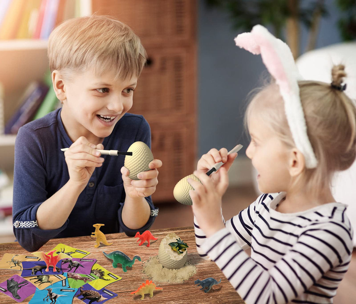 EARTH'SCODE educational kit shows history cards beside eggs for learning.
