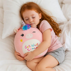 Easfan Get Well Soon unicorn pillow belly detail showing the cheerful message