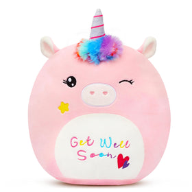 Easfan Get Well Soon unicorn pillow, front view promotes cozy, comforting companionship