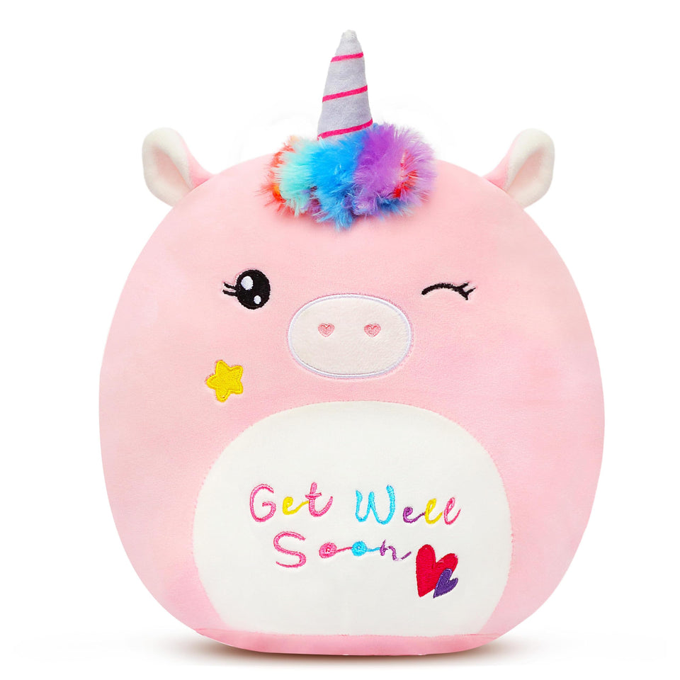 Easfan Get Well Soon unicorn pillow, front view promotes cozy, comforting companionship