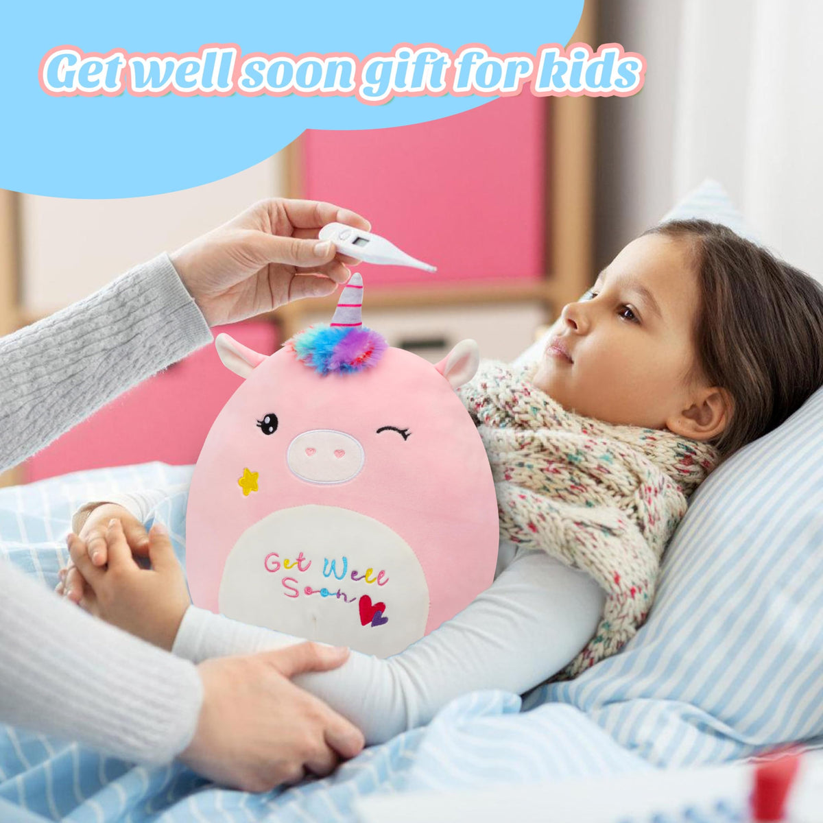 Easfan Get Well Soon unicorn pillow, side view ideal for comforting decor in recovery spaces