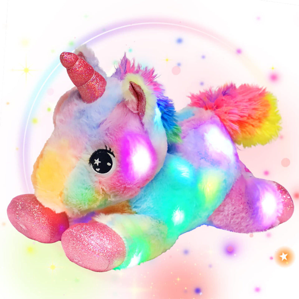 Easfan LED unicorn plush back view with accessible battery panel for easy glow control.